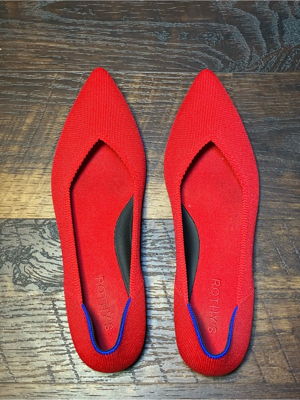 Rothy's Red Pointed-Toe Knit Flat with Blue Trim